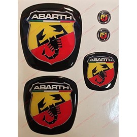 Abarth Logo for Car Front, Rear and Steering Wheel + 2 Keyring Emblems For car bonnet and boot. 3D effect resin stickers. Scorpion design on black background.