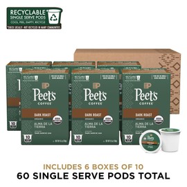Peet's Coffee, USDA Organic Dark Roast Single Serve Coffee Pods - Alma de la Tierra 60 Count (6 Boxes of 10 Pods)