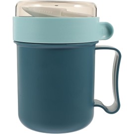 Azul Taza de Plástico y Tapa con Cuchara Portátil de Desayuno Recipiente Compacto y Multifunción, Diseño Antifugas, Adecuado para Avena o Sopa, Estilo Simple