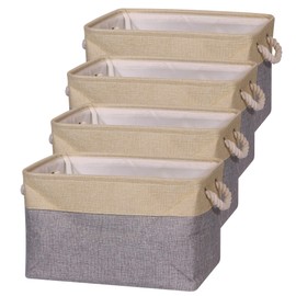 TENABORT Set of 4 Large Storage Basket Bin, Foldable Storage Cube Box Canvas Fabric Collapsible Organizer with Handles for Closet Home Office Clothes Shelf Nursery, Grey and Beige