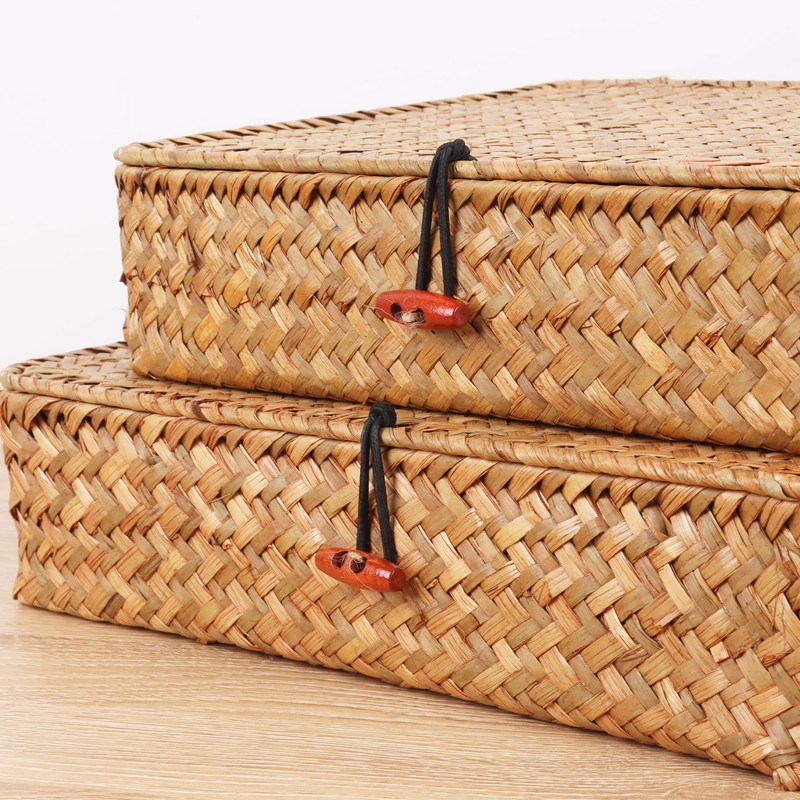 Moosky Flat Wicker Shelf Baskets with Lid, Seagrass Woven Basket