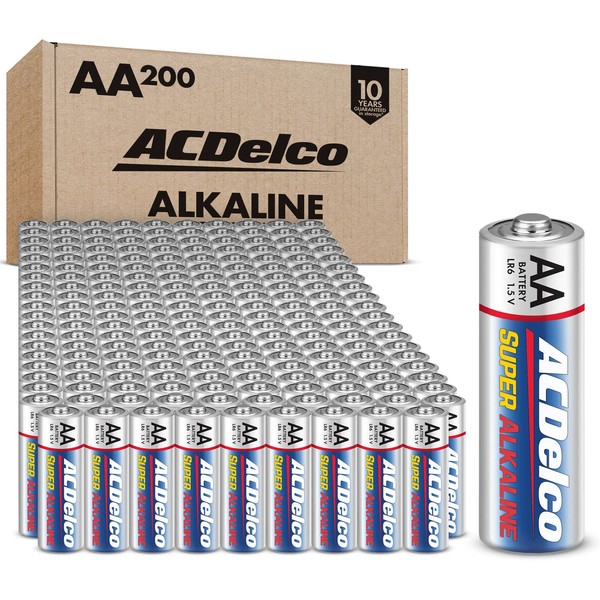 ACDelco 200-Count AA Batteries, Super Alkaline Battery, 10-Year Shelf Life, Reclosable Packaging