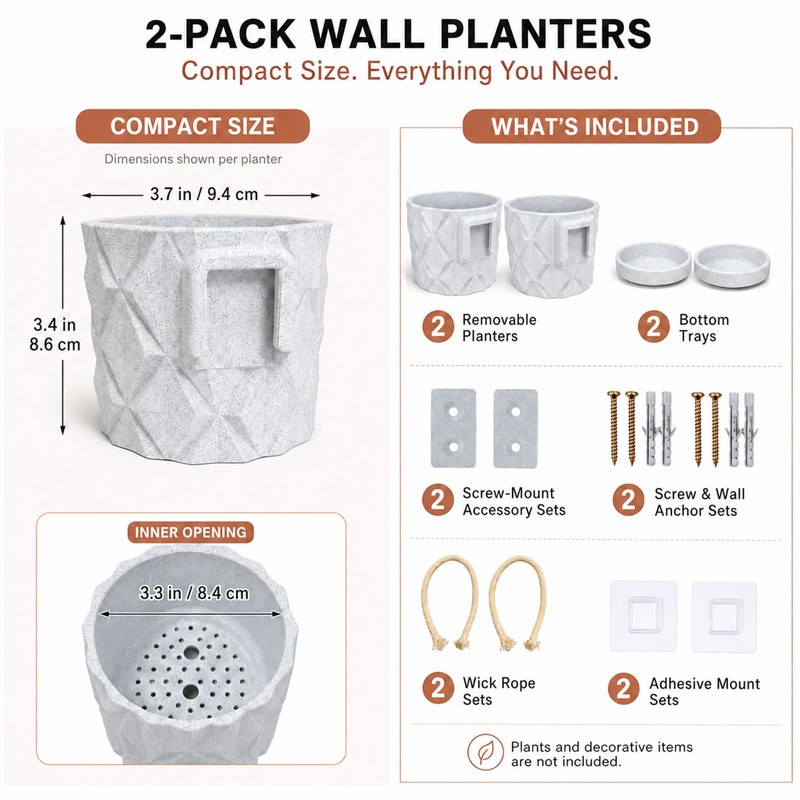 2PCS 3D Printed Wall-Mounted Flower Pot - Marble-Patterned Indoor Planter
