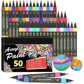 Amamao 100 Colors Acrylic Paint Markers Pens Set,50 Pack Dual Tip Acrylic Paint Markers with Brush Tip and Fine Tip for Rock Painting Fabric Plastic Wood Canvas Stone Glass Paper DIY Craft Supplies