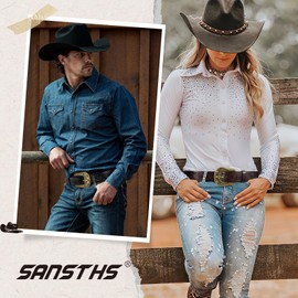SANSTHS Vintage Western Belt Cowboy Belts for Men Women, Cowgirl Cowboy Belt Buckle Engraved Western Belt Country Belt, Bronze Bull/Black