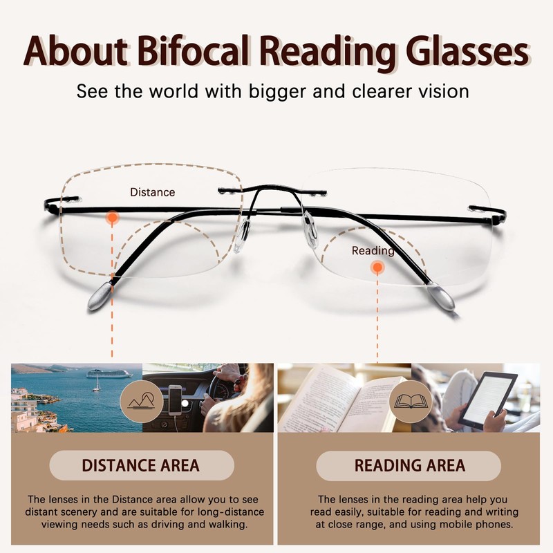 Myfeasy Photochromic Bifocal Reading Glasses Titanium Frameless Men's Reading Glasses