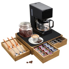 Mosucoirl Wooden K Cup Holder Organizer,Coffee Cup Drawer With Coffee Mat Coffee Pod Holder Tea Bag Storage Organizer Counter Coffee Maker Stand for Kitchen Office Coffee Bars