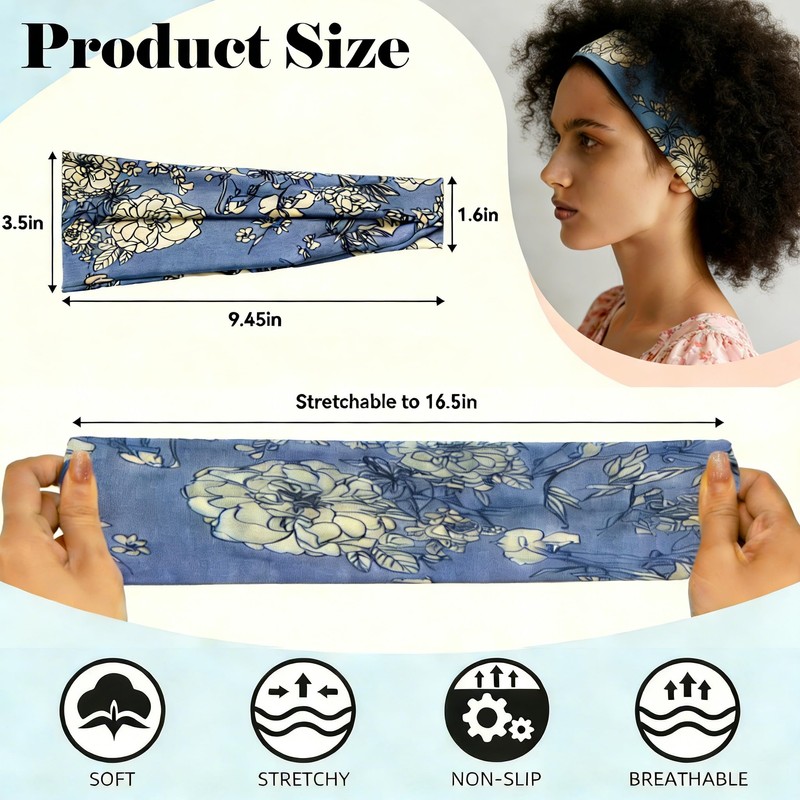 6Pcs Wide Floral Boho Headbands for Women - Elastic Non