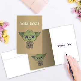 Tree-Free Greetings Yoda Best Thank You Cards - 12 Recycled 4x6 Cards & White Envelopes, Thick Cardstock, Sustainably Made in USA - Sci-Fi Cartoon Thanks