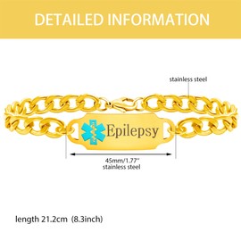 Mayfaith Stainless Steel Tag Carving Epilepsy Medical Alert Bracelets for Sick Individuals People Gold Color Waterproof Medical Identity Bracelets for Men Women（Epilepsy）