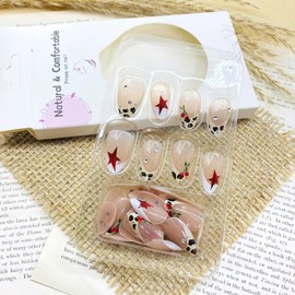 LWTZLW Leopard French Tip Press on Nails with Rhinestones Medium Almond Fake Nails Cherry French Tip Full Cover Glue On Nails Star Oval Acrylic False Nail Glossy Artificial Nails Reusable for Women