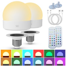 Rechargeable Battery Night Light Bulb: 3000mAh LED Bulb with Remote Control for Lamp, Wireless E26 USB Puck Light 400LM with Timer, 3 Color Temperature+12 RGB Color, Magnetic Camping Outdoor , 2pcs