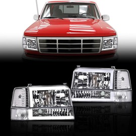 PIT66 LED DRL Headlights Assembly Front Headlamp w/Corner Signal Compatible with Ford Bronco F150 1992-1996 /F250 F350 Super Duty 1992-1997,Clear lens Chrome Housing Clear Reflector