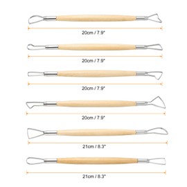 HARFINGTON 6pcs Clay Sculpting Tools Wooden Handle Stainless Steel Double Head Crafts Modeling Kit Pottery Carving Trimming Set for Shaping Cutting Decoration Embossing