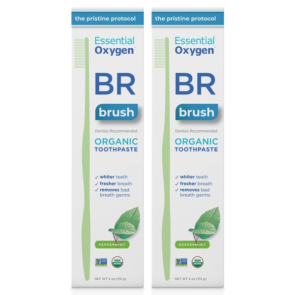 Essential Oxygen BR Certified Organic Toothpaste, for Whiter Teeth, Fresher Breath, Happier Gums, Tooth Sensitivity, Peppermint, 4 Ounce (Pack of 2)
