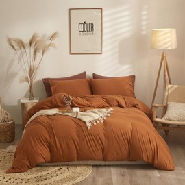 Comfortable & Soft 3 Piece Gentle Breathable Texture Cotton Duvet Cover Queen Size Solid Hued Tidy Design | All Seasons Fall Bedding Burnt Orange Color Zipper Closure Warm Plush Cozy Luxury