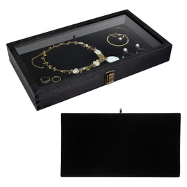MOOCA Wooden Jewelry Display Case Tempered Glass Top Lid, Pocket Knife Display Case with Metal Clasp and Removable Black Luxurious MDF Velvet Jewelry Display Pad, Black Color
