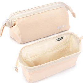 Pencil Case Large Capacity, Wide Opening Pencil Case with Zipper Handle for Girl Boy Men Women, Portable Pen Bag Pouch Stationery Storage Organizer for School College Students Office Travel, Beige