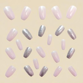 Pink Press on Nails Medium Coffin Fake Nails Pink White Gradient False Nails with Nail Glitter Designs Nude Pink Glue on Nails Stick on Nails Full Cover Cute Acrylic Nails Glossy Artificial Nails