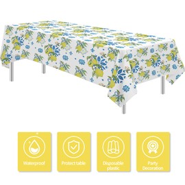 FVABO Lemon Mediterranean Tablecloth, 3Pcs Disposable Blue Tile & Lemon Floral Party Table Cover Supplies for Summer Parties, Birthday, Italian Theme, Baby Shower, Bridal Shower, 55in x 86in