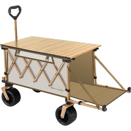 Whitsunday Collapsible Folding Wagon with Table, Heavy Duty Utility Beach Wagons with Opened Tailgate and All-Terrain Wheels for Camping,Garden,Sports (Max Beige)