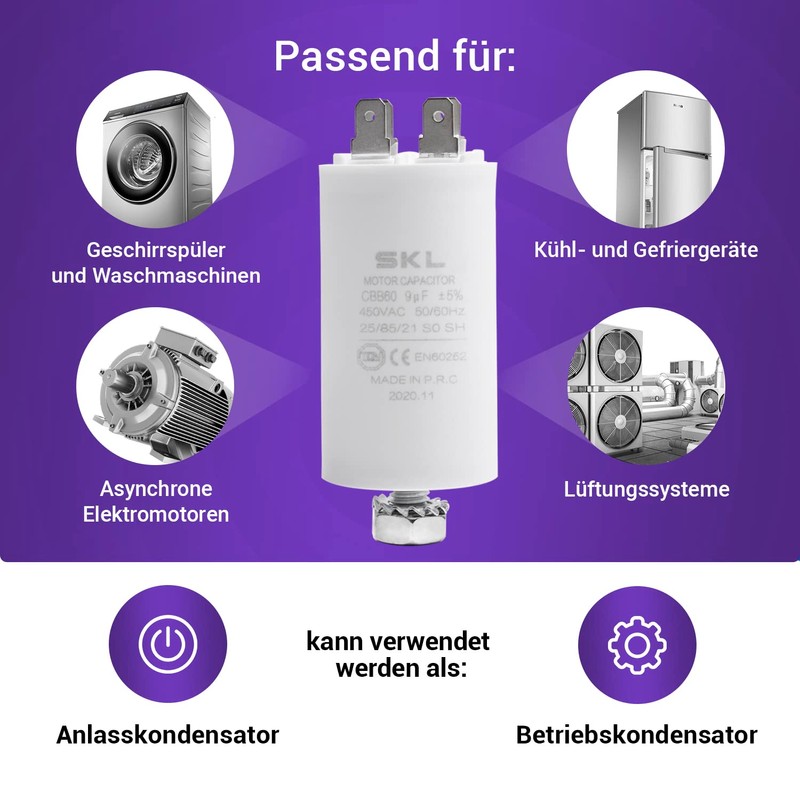 Vioks.pro CBB60 Capacitor 9µF 450 V Motor Start Capacitor Universal