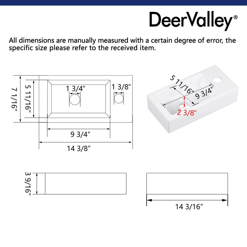 DeerValley DV-1V081RA Wall Mount Sink, Mini Rectangle Bathroom Sink, Small