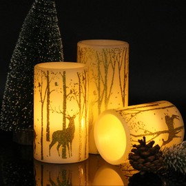 Wondise Flameless Flickering Candles with Timer, Battery Operated Real Wax Gold Deer Decal LED Pillar Candles for Christmas Holiday Home Decoration, Set of 3(3 x 4,5,6 Inch)