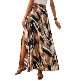 GORGLITTER Women's Skirt Summer Printed Maxi Skirt Bohemian Summer Skirt A Line Long Skirts with Slit High Waist Holiday Skirt Elegant Casual Skirt, brown, M