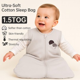 YOHKOH Baby Sleep Sack 0-6 Months, Unisex Baby Wearable Blanket 1.5 TOG, 100% Cotton Soft SleepSack with 2-Way Zipper, Swaddle Transition Sleeping Bag (Grey-A, S)