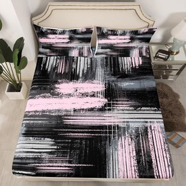 Abstract Pink and Black Sheets with Deep Pocket Fitted Sheet Queen, Geometric Artistic Smear Sheet Set Abstract Graffiti Art Bed Sheets Set Contemporary Modern Brush Design Bedding Set Queen Size