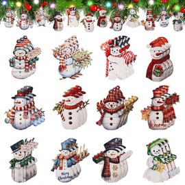 PEUTIER 36pcs Snowman Wood Ornaments, 12 Styles Vintage Christmas Ornaments with Rope Rustic Christmas Ornaments Set for Farmhouse Xmas Tree Home Decoration