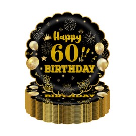 HFBOBP 50Pcs 60th Birthday Party Paper Plates,7inch Disposable Black and Gold Scalloped Dessert Tableware for Wedding Anniversary Reception Event Decorations