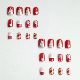 Glitter Christmas Tree Press on Nails Winter Xmas Red False Nails Short Square Glossy Acrylic Glue on Nails Snowflake Stripe Fake Nails for Women Girls DIY New Year Nail