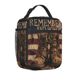 Plistiz Vintage Military Boots Lunch Box for Women Men, Insulated Lunch Box, Reusable Lunch Bag for Office, Work, Picnic, Travel, American Flag Remember and Honor Military Tribute