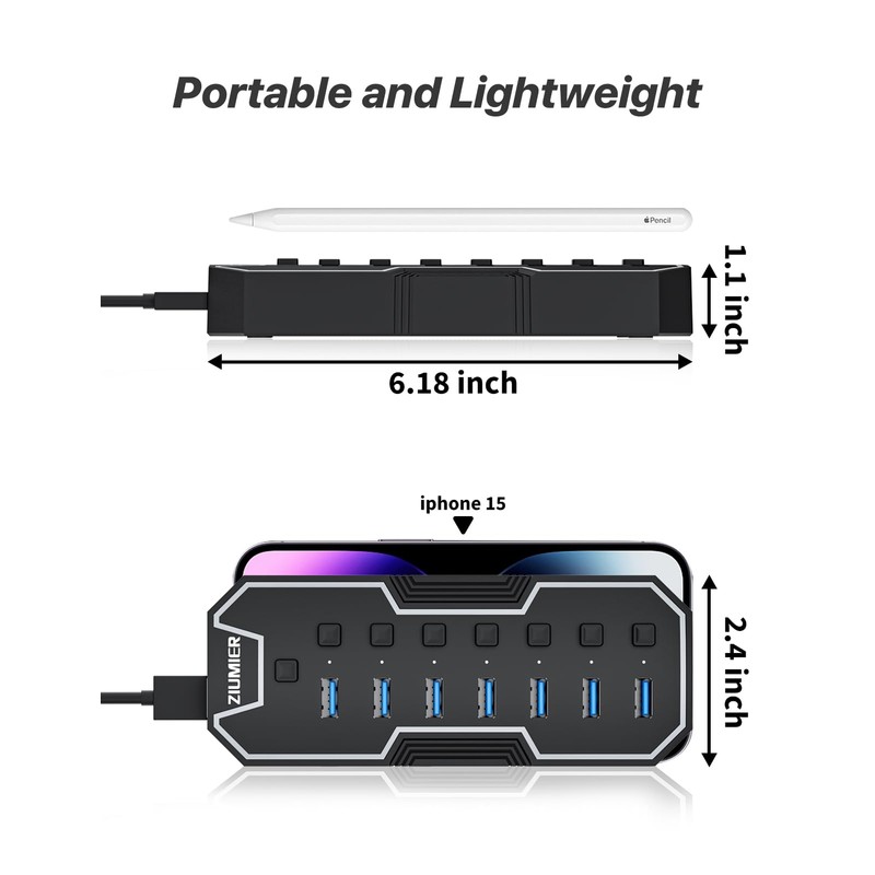 ZIUMIER USB 3.0 Hub,7 Ports USB Expander with RGB LED