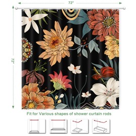 Shower Curtain Boho Floral, Tropical Leaves Shower Curtain Mid-Century Abstract Boho Flowers Chic Shower Curtain Set Waterproof Polyester Fabric Machine Washable Home Farmhouse Decor Bath Curtains