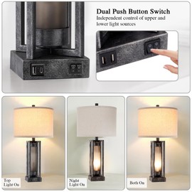 RORIANO Set of 2 Industrial Table Lamps for Living Room with USB C+A, Vintage End Table Lamp for Bedroom with Gray Nightlight, Farmhouse Rustic Desk Lamp for Bedside, 4 Bulbs Included (Iron Gray)