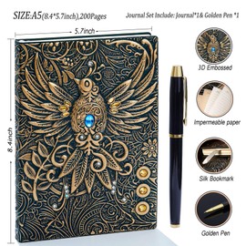 Vintage 3D Phoenix Embossed Leather Writing Journal Notebook with Gold Pen Set,A5,200Pages,Antique Handmade Daily Notepad Sketchbook,Travel Diary&Notebook to Write in,for Women Men (Bronze,8.4"*5.7")