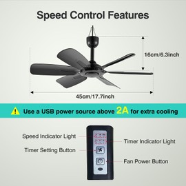 lolobaer 17.7-inch Portable USB Hanging Fan with 6 Blades, Indoor/Outdoor Use for RV, Camping, and Canopy, Quiet Operation，Fan with timer and speed buttons (with timer and speed buttons)