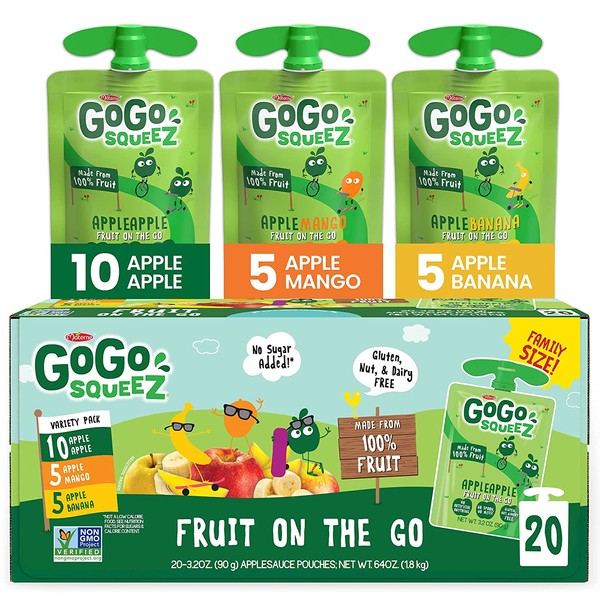 GoGo squeeZ Fruit on the Go Variety Pack, Apple Apple, Apple Banana, & Apple Mango, 3.2 oz. (20 Pouches) - Tasty Kids Applesauce Snacks - Gluten Free Snacks for Kids - Nut & Dairy Free - Vegan Snacks