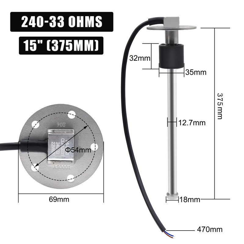 Geloo 240-33 ohms Marine Fuel Sending Unit, Stainless Steel, Black,