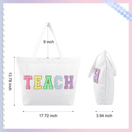 Dripykiaa 2Pcs Teacher Tote Bag Canvas Chenille Letter Patches Work Handbag with Zipper Pocket - White