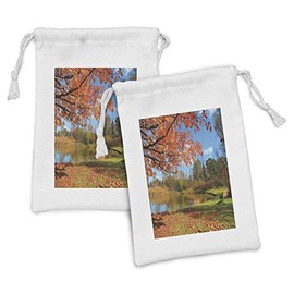 Lunarable Landscape Fabric Pouch Set of 2, Autumn Scenery in Michigan USA Scenic View with Trees Pond and Clear Sky, Small Drawstring Bag for Toiletries Masks and Favors, 9" x 6", Orange Blue Green