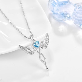 TANGPOET Guardian Angel Necklaces for Women Sterling Silver Angel Wings Pendant December Blue Topaz Birthstone Jewelry Birthday Christmas Gifts for Her with 18"+2" Chain