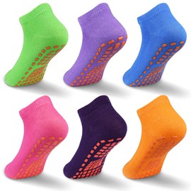 Non Slip Kids Trampoline Socks - 6 Pairs Anti-Skid Breathable Socks with Sticky Grips - Boys & Girls (4 Rose Red, Orange, Blue, Green, Dark Purple, Purple; 10-13 Years)