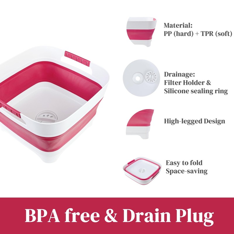 GIMWA 2.6 Gal(10L) Collapsible Camping Sink, Magenta Space-Saving Collapsible Dish