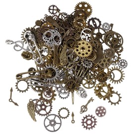 BIHRTC 200 Gram Antique Steampunk Gear DIY Assorted Mixed Color Metal Cog Wheel Skull Brass Key Pendant Charms for Craft Jewelry Making Accessory