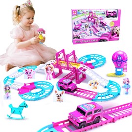 QZPQZP Race Tracks Toys for 3 4 5 6 Year Old Girls Kids, Princess Track Car Mode Game W/1 Electric Truck Car, Birthday Gift Toddler Cars Toy for 2-5 Year Old Girl Boy(Pink)