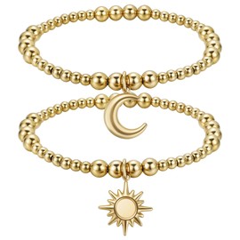 Dainty Bracelets for Women, 14k Gold Plated Charms Bracelet Non Tarnish Waterproof Bangle Bracelets Sun and Moon Jewelry Set for for Couples Friendship Men Women Thanksgiving Christmas